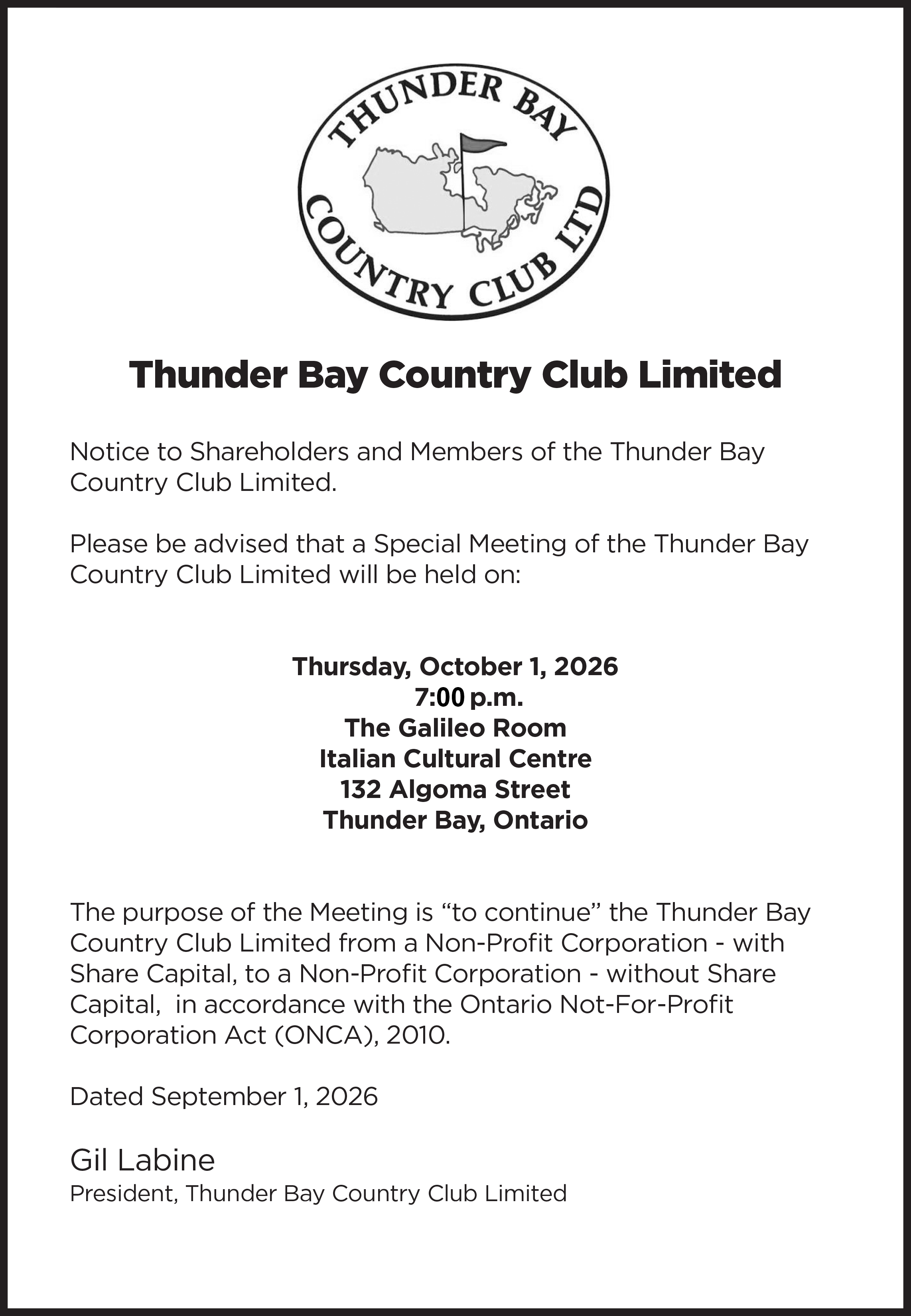 TBCC Notice to shareholders Aug 31 2026
